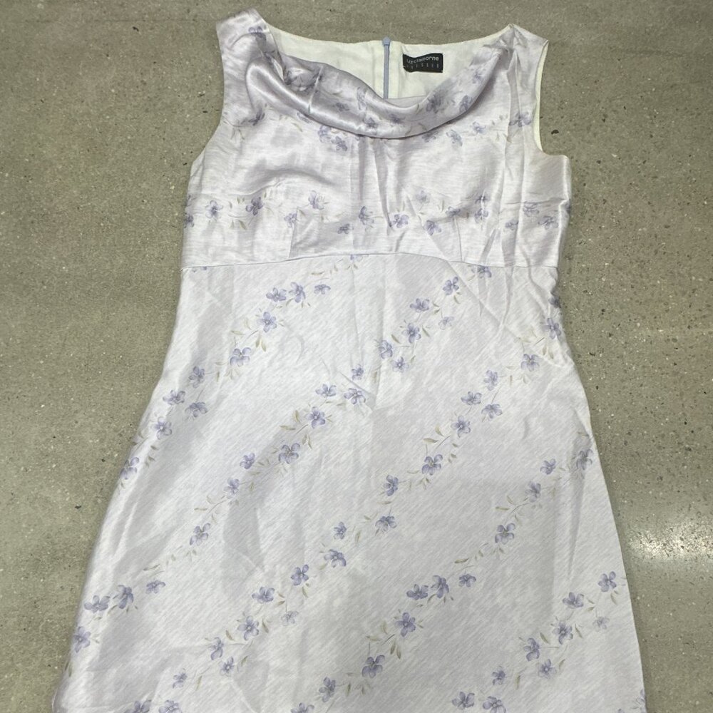 Liz Claiborne Midi Sheath Dress 8 Purple Gray Floral Sleevles 5125